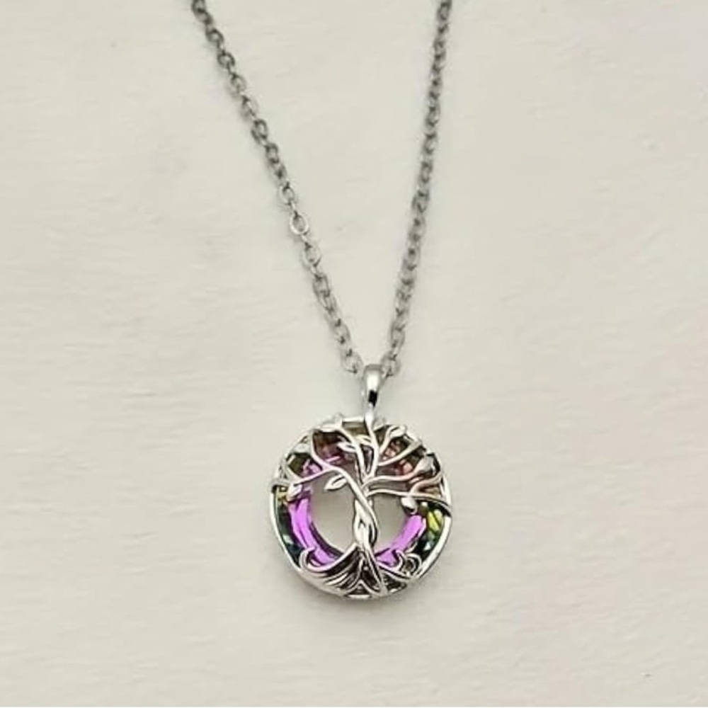 Elegant Rainbow Crystal Tree of Life Necklace